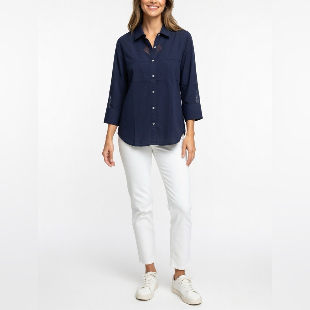 Gretchen Scott Sleek Voile Navy Cotton Button Down Shirt Top Size M NWT